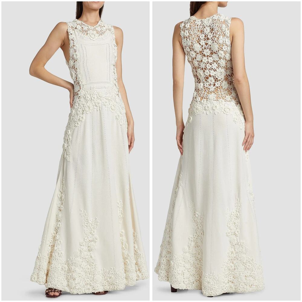 Ulla Johnson Genoveva Ivory Floral Crochet Knit Maxi Dress Small NWT
